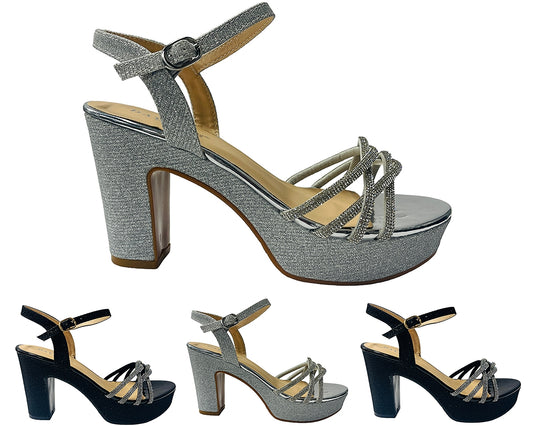Block Heel Platform Diamante Glitter Shoes