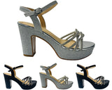 Women's Block Heel Platform Diamante Glitter Shoes