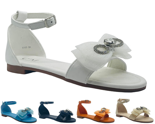Ankle Strap Flat Rhinestone Mesh Bow Sandals