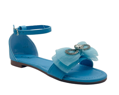 Ankle Strap Flat Rhinestone Mesh Bow Sandals