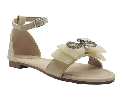 Ankle Strap Flat Rhinestone Mesh Bow Sandals