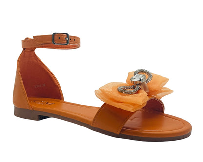 Ankle Strap Flat Rhinestone Mesh Bow Sandals