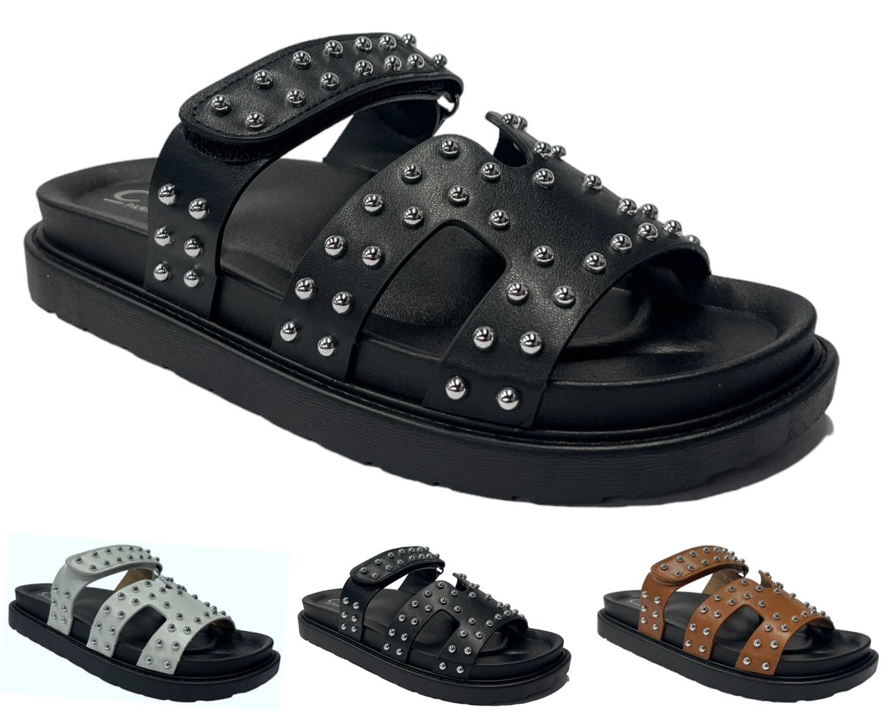 Faux Leather Flat Studded Sliders