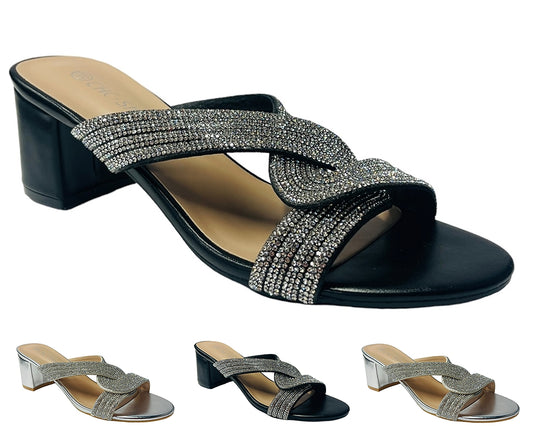 Block Heel Strap Rhinestones Sandals