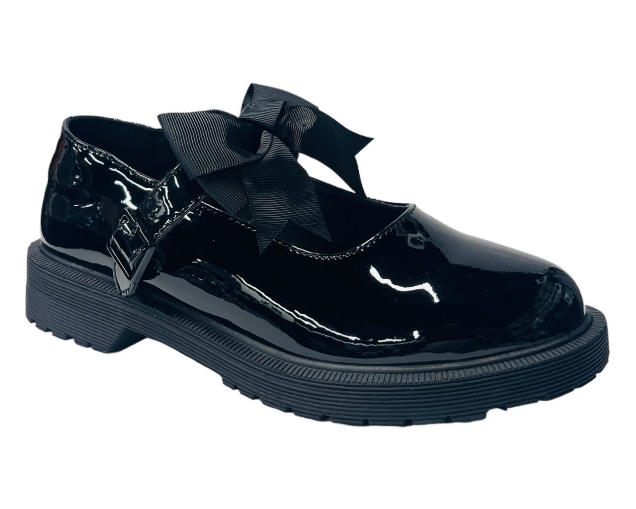 Faux Patent Leather Buckle Bow Flat Shoes
