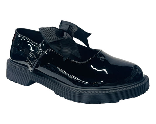 Faux Patent Leather Buckle Bow Flat Shoes