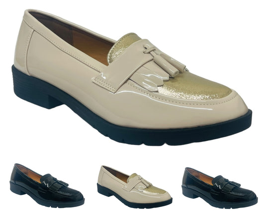Faux Patent Leather Slip On Tassel Loafers Shoes