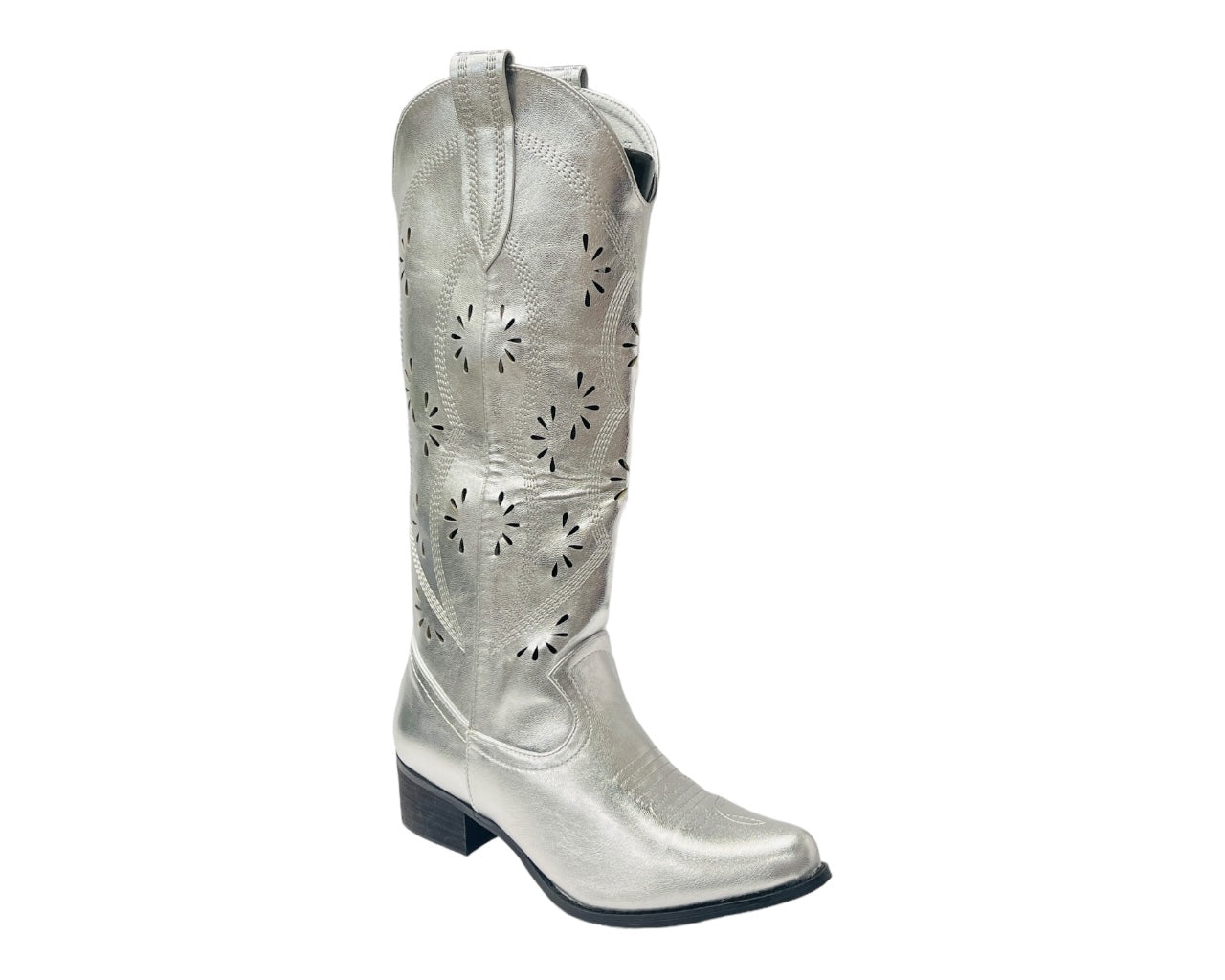 Embroidered Laser Cut Cowboy Calf Length Boots