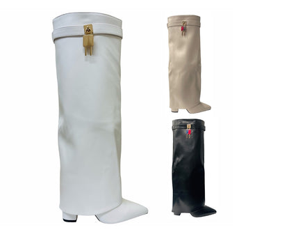 Faux Leather Padlock Knee High Fold Over Block Heel Boots
