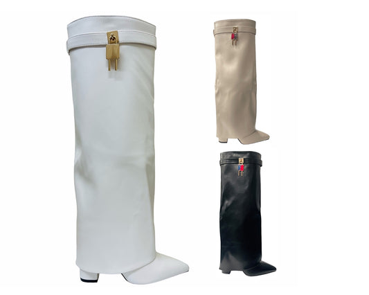 Faux Leather Padlock Knee High Fold Over Block Heel Boots