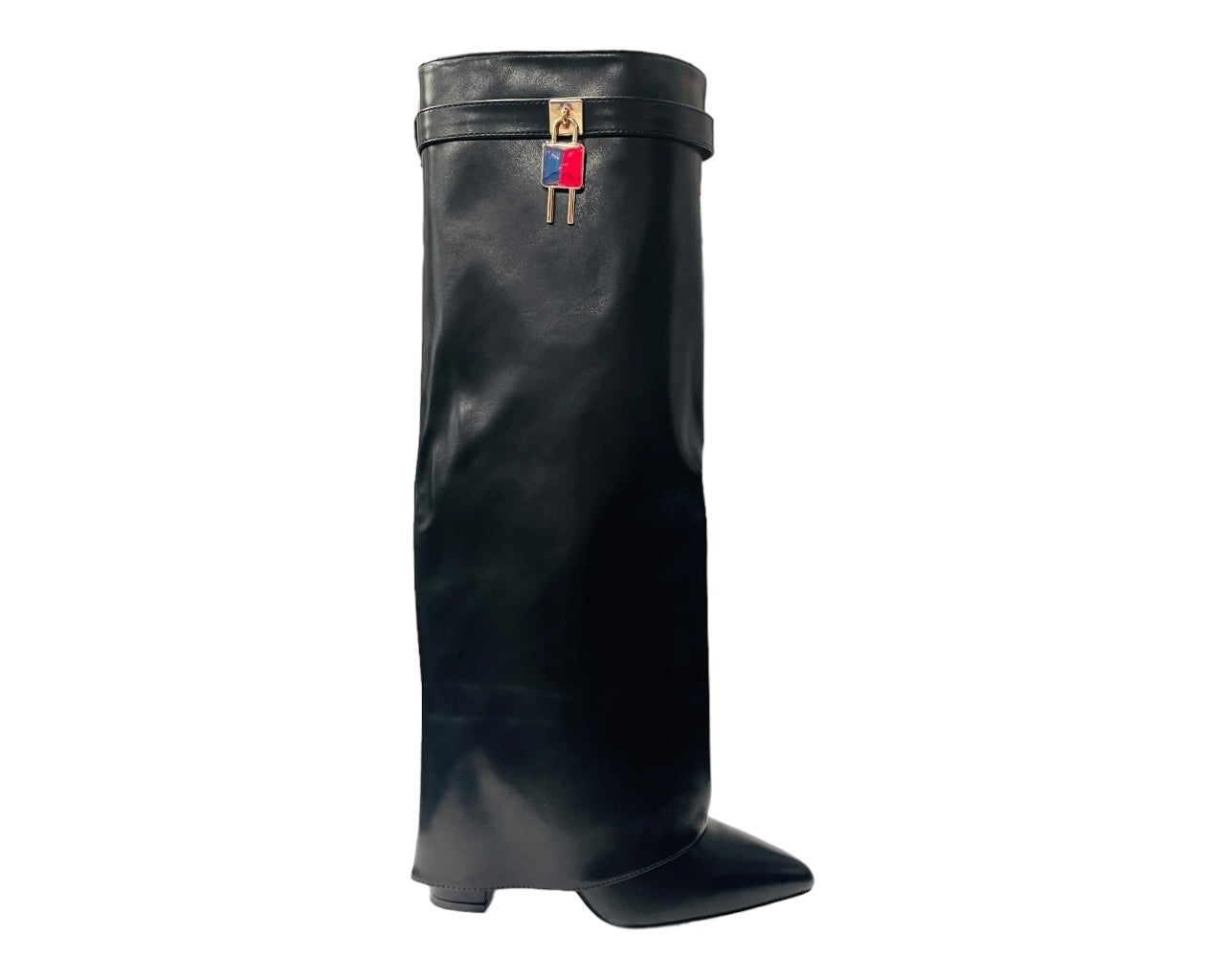 Faux Leather Padlock Knee High Fold Over Block Heel Boots