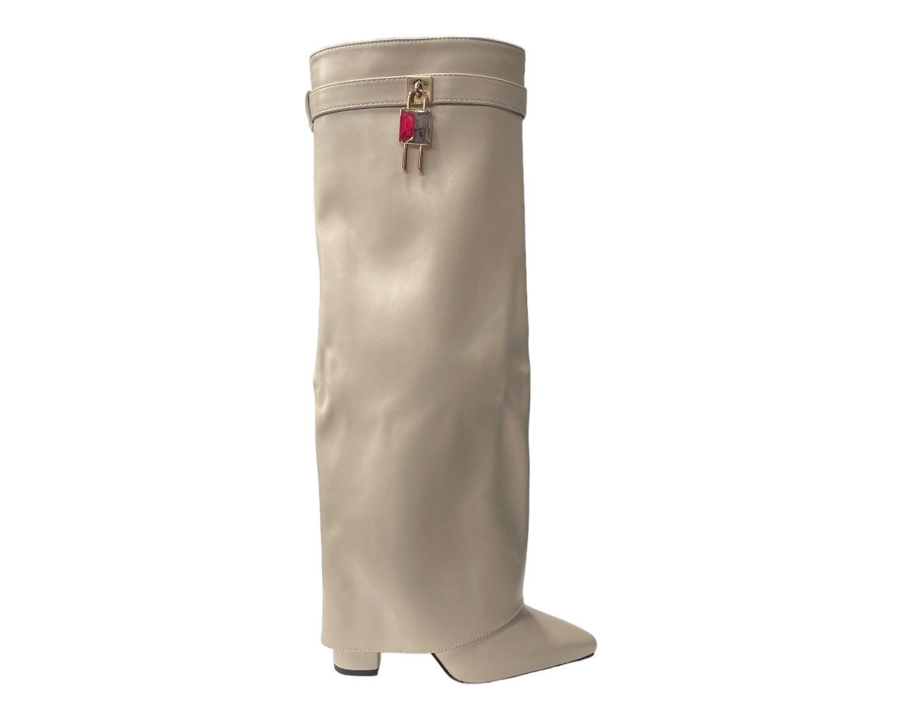 Faux Leather Padlock Knee High Fold Over Block Heel Boots