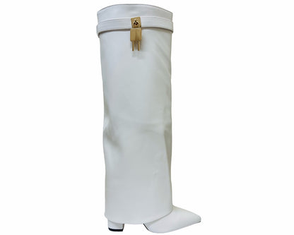 Faux Leather Padlock Knee High Fold Over Block Heel Boots