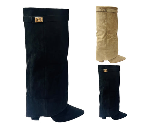 Faux Suede Knee High Fold Over Block Heel Boots