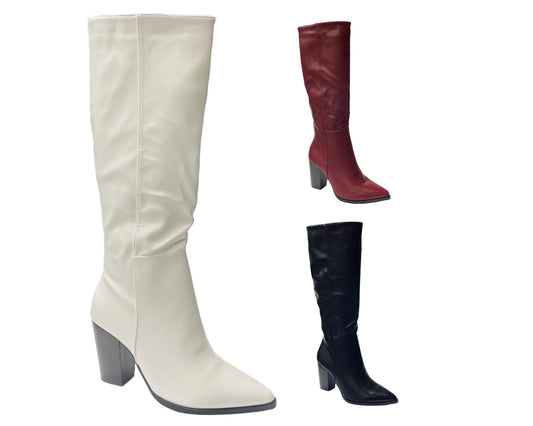 Block Heel Knee High Faux Leather Boots