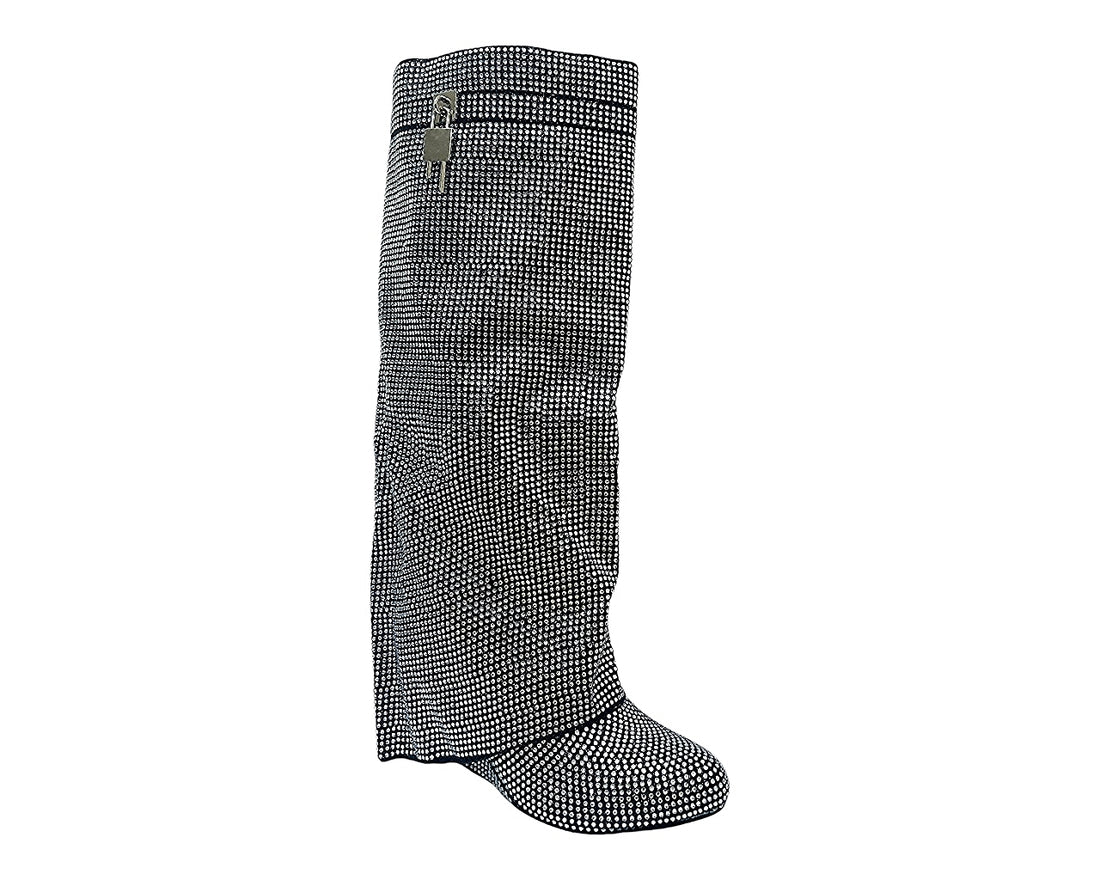 Fold Over Padlock Rhinestone Knee High Wedge Boots