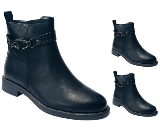 Faux Leather Flat Sole Ankle Boots