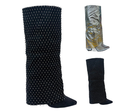 Fold Over Knee High Diamante Fishnet Boots