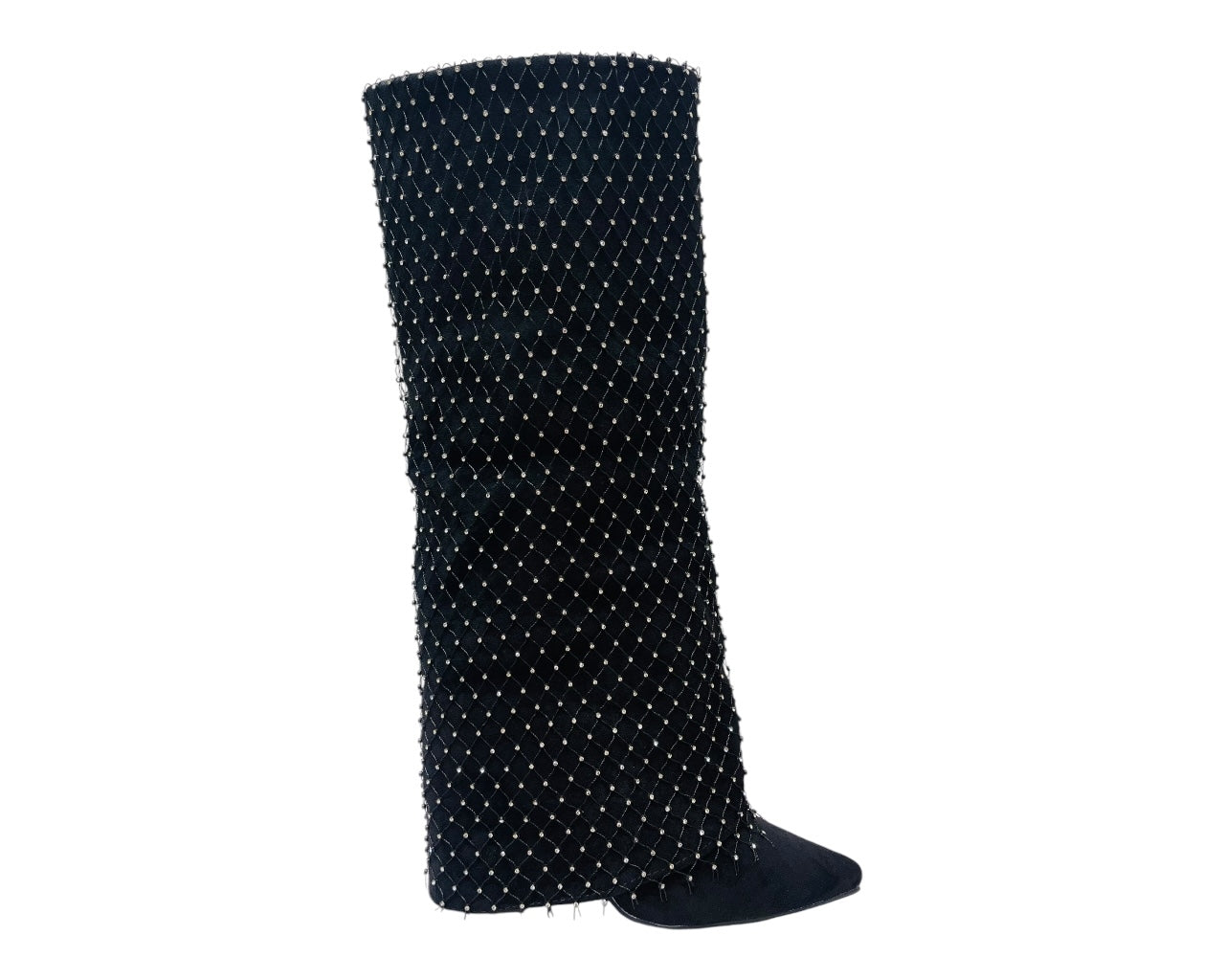 Fold Over Knee High Diamante Fishnet Boots