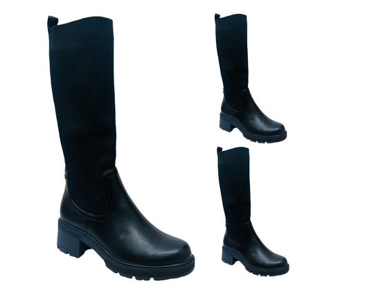 Faux Leather Knitted Knee High Boots