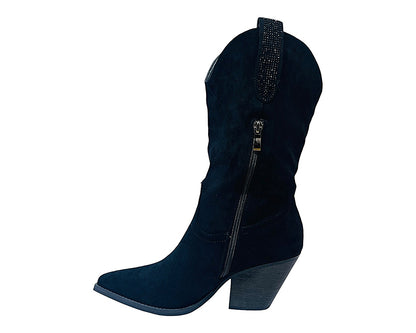 Faux Suede Western Cowboy Diamante Mid Calf Boots