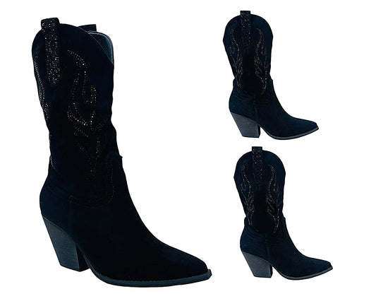 Faux Suede Western Cowboy Diamante Mid Calf Boots