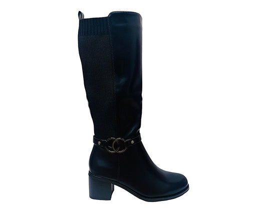 Faux Leather Block Heel Knee High Boots