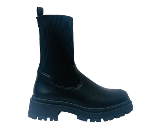 Chunky Sole Faux Leather Knitted Ankle Boots