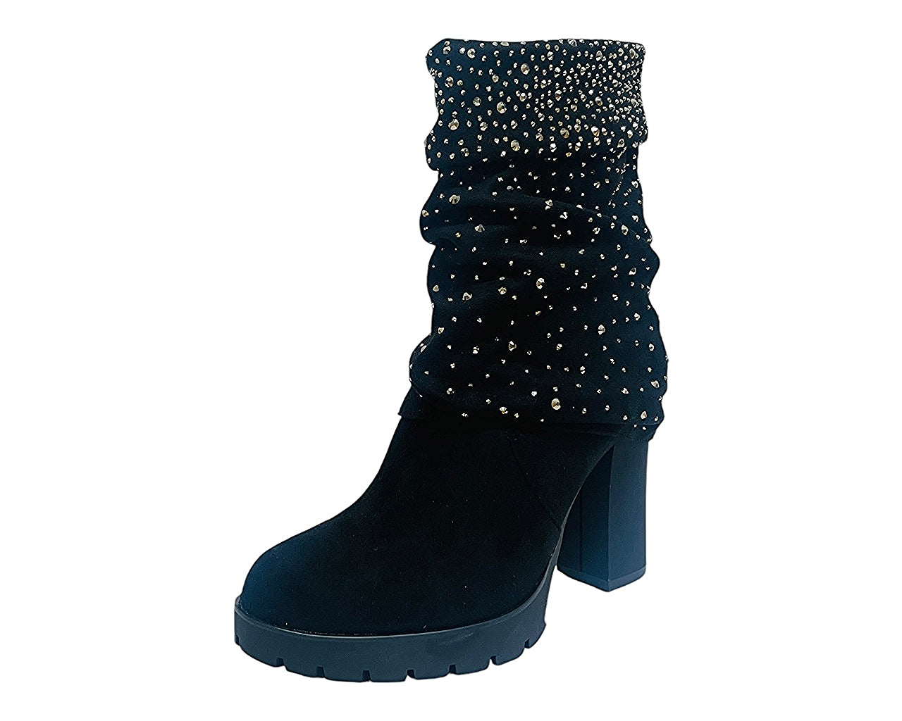 Fold Over Rhinestone Block Heel Ankle Boots