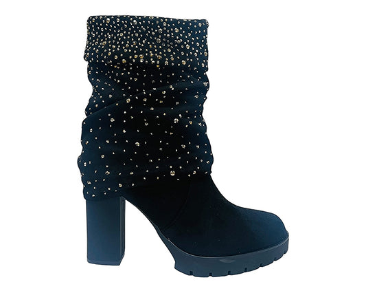 Fold Over Rhinestone Block Heel Ankle Boots