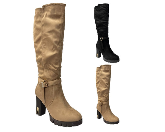 Block Heel Knee High Faux Suede Boots