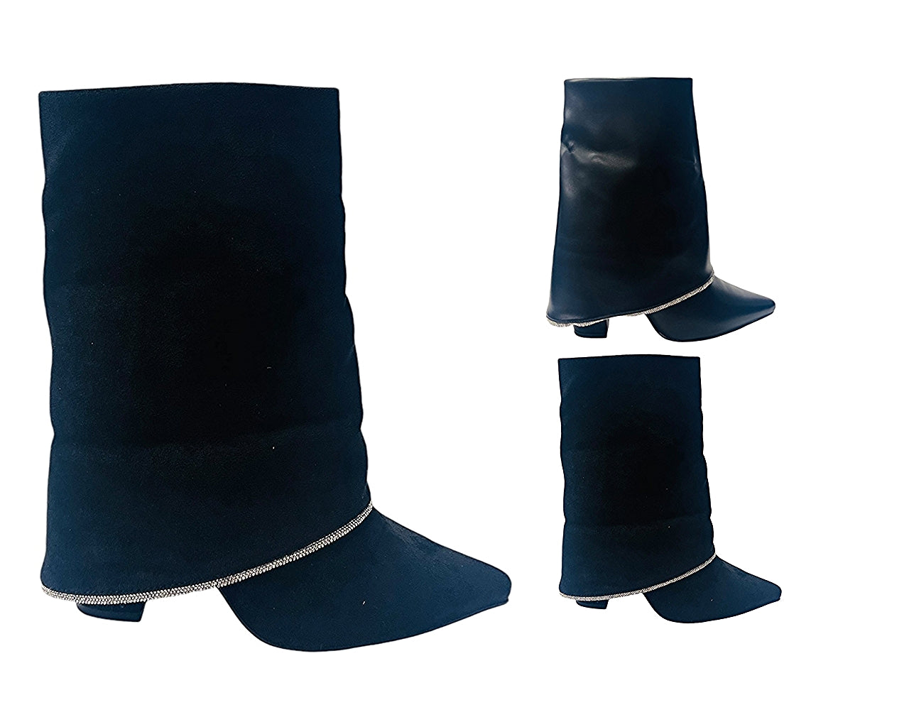 Block Heel Fold Over Rhinestone Ankle Boots