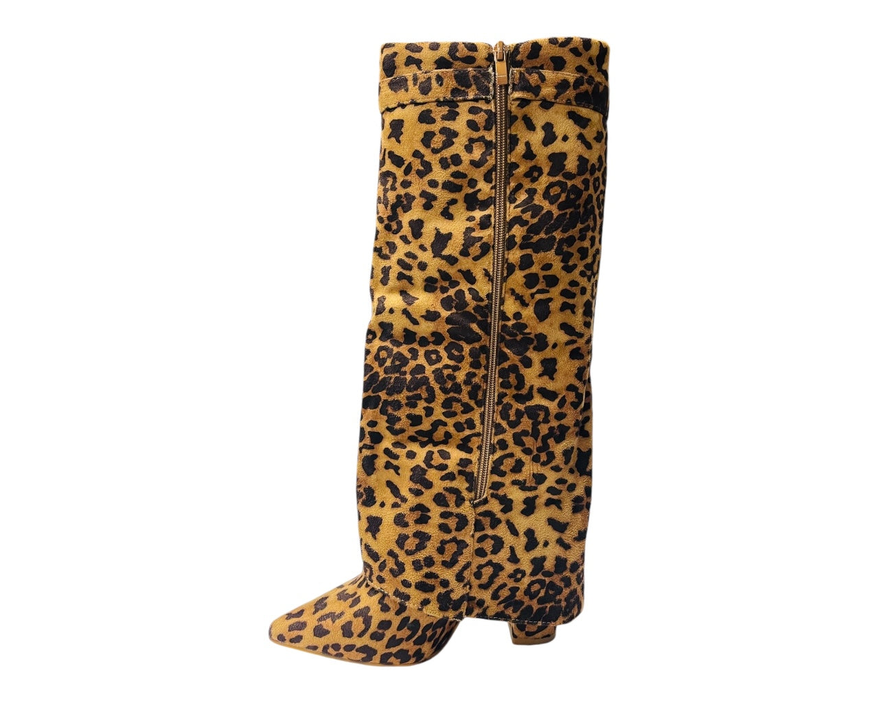 Faux Suede Calf High Fold Over Block Heel Boots