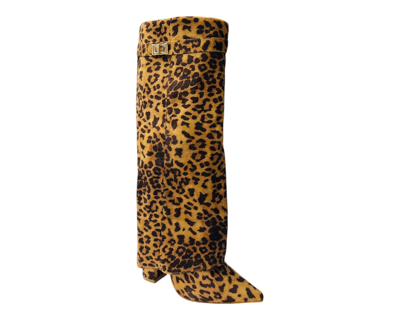 Faux Suede Calf High Fold Over Block Heel Boots