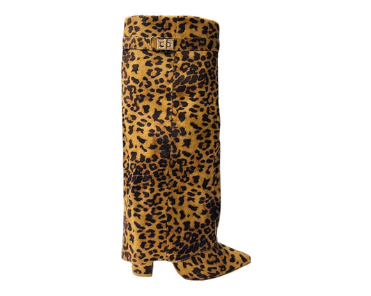 Faux Suede Calf High Fold Over Block Heel Boots