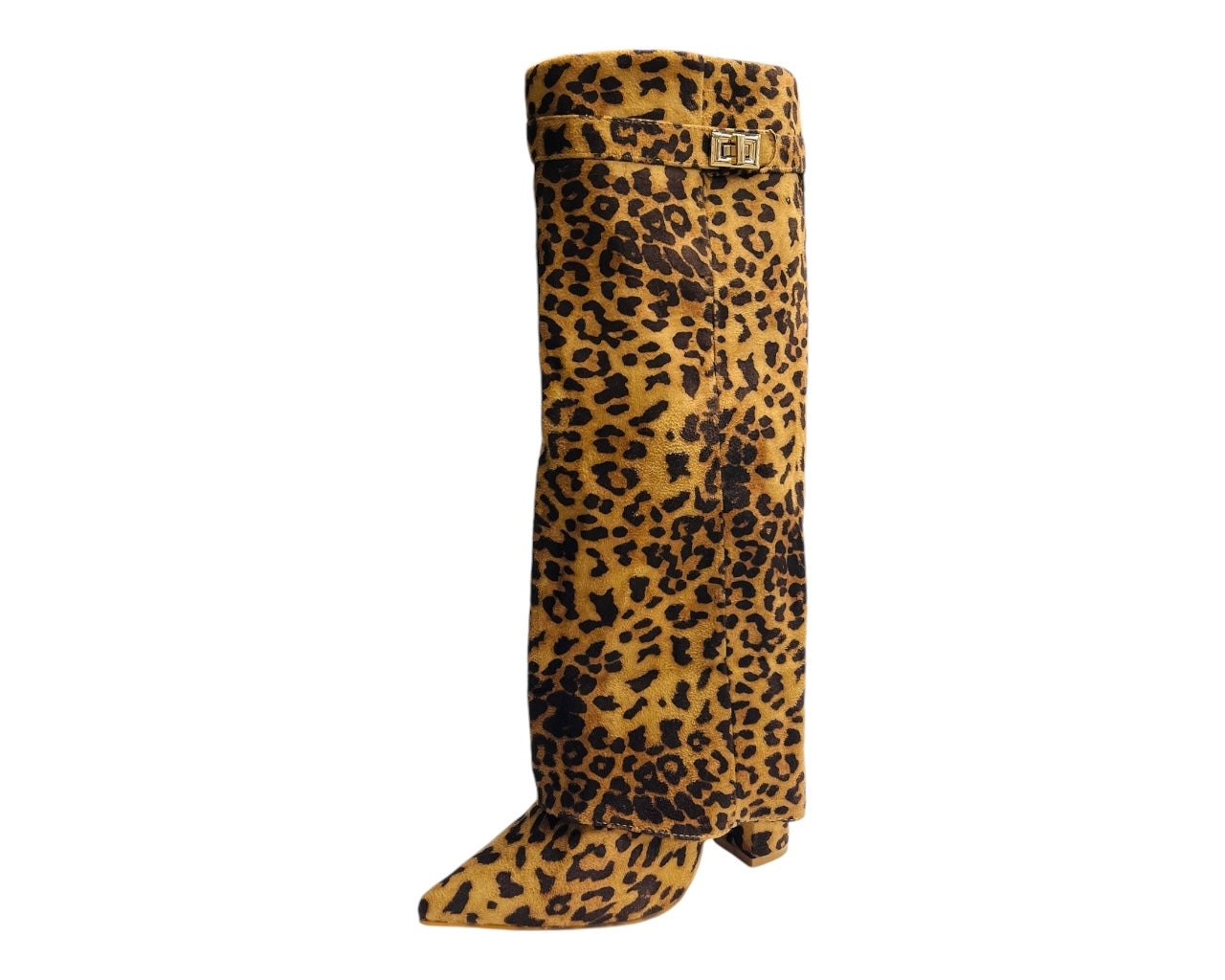 Faux Suede Calf High Fold Over Block Heel Boots