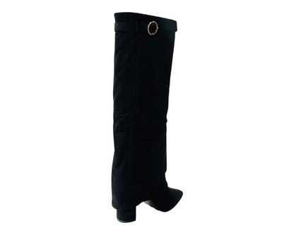 Faux Suede Knee High Fold Over Block Heel Boots