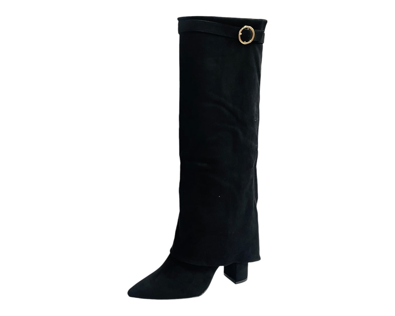 Faux Suede Knee High Fold Over Block Heel Boots