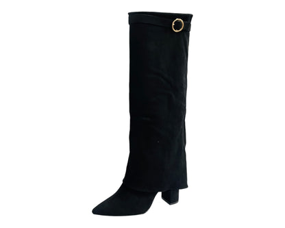 Faux Suede Knee High Fold Over Block Heel Boots