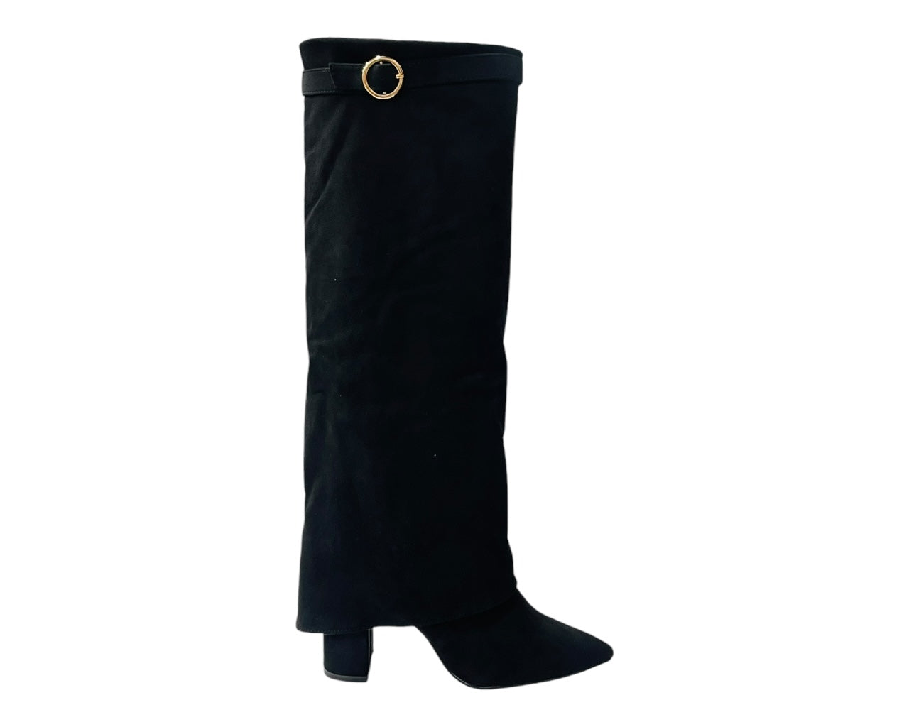 Faux Suede Knee High Fold Over Block Heel Boots