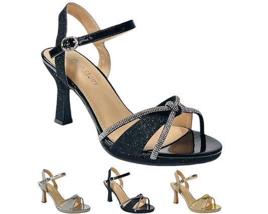 Rhinestone Glitter Ankle Strap Spool Heel Shoes