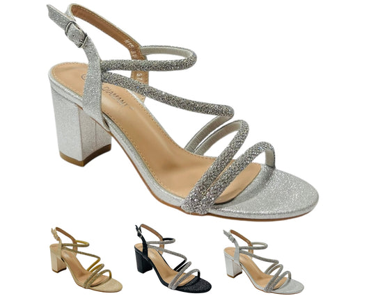 Ankle Strap Rhinestone Glitter Block Heel Shoes