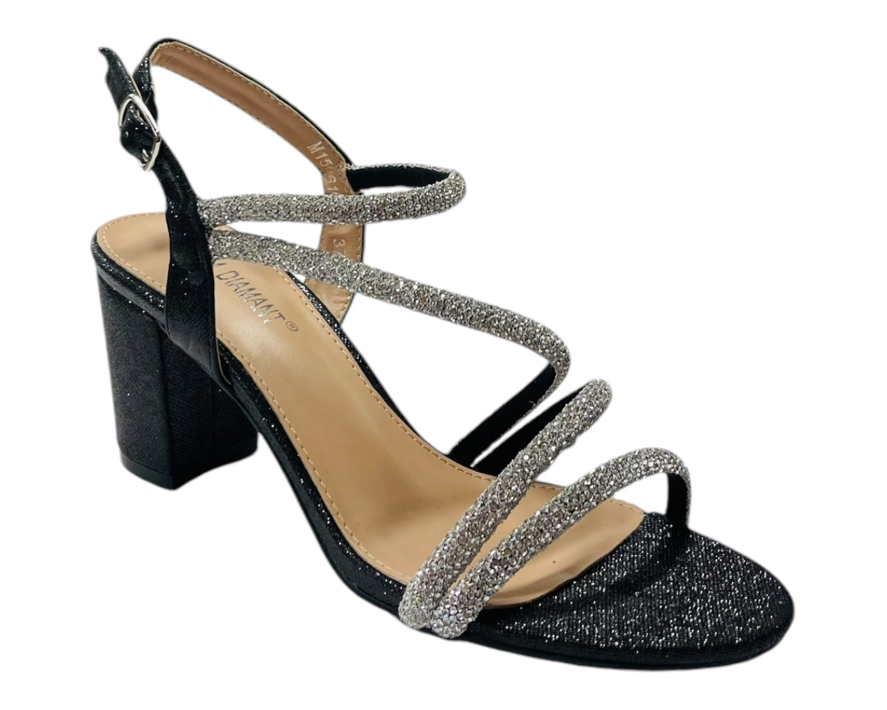 Ankle Strap Rhinestone Glitter Block Heel Shoes