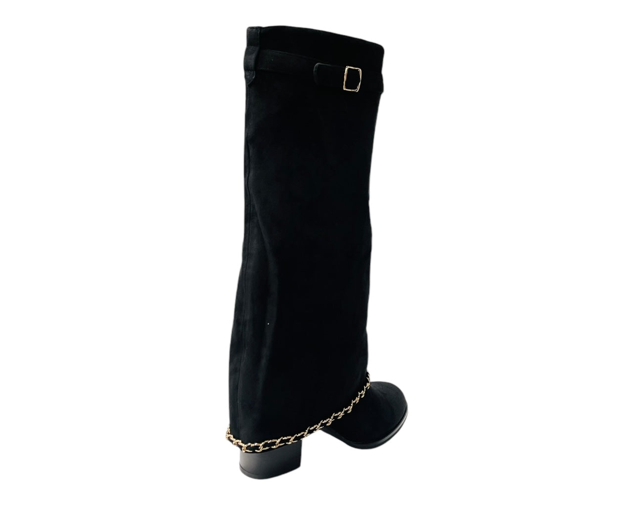 Faux Suede Calf High Fold Over Block Heel Boots