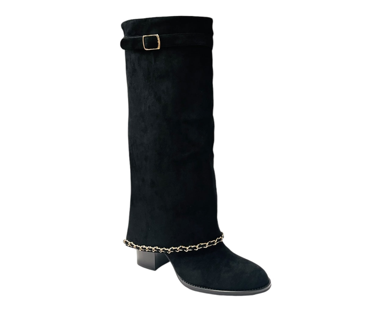 Faux Suede Calf High Fold Over Block Heel Boots