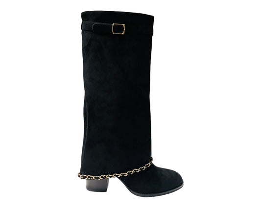 Faux Suede Calf High Fold Over Block Heel Boots
