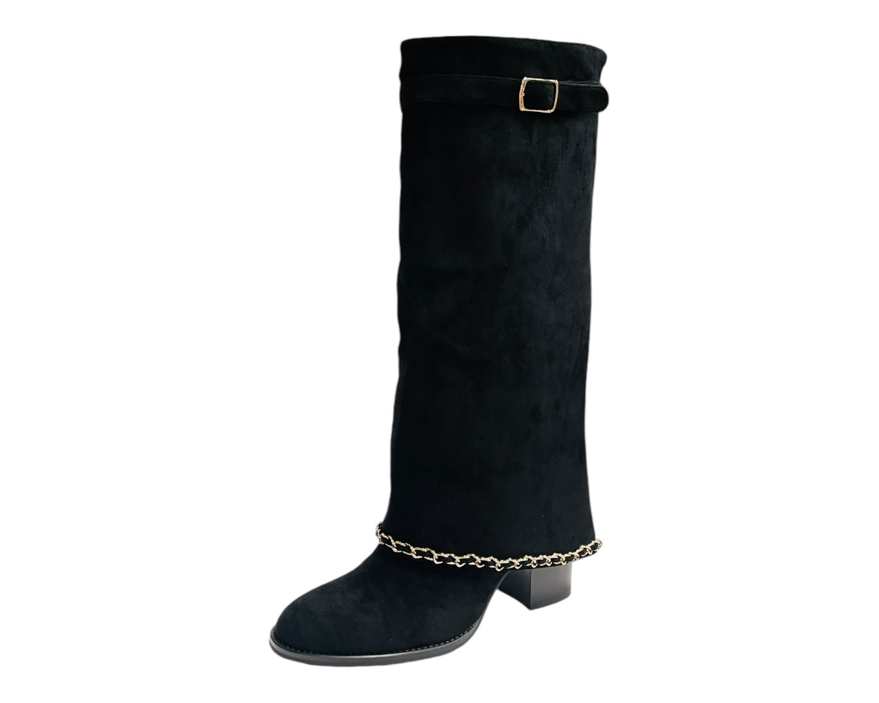 Faux Suede Calf High Fold Over Block Heel Boots