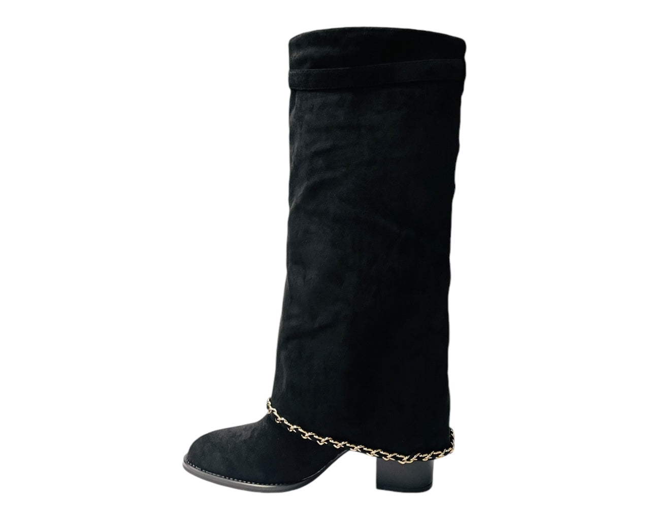 Faux Suede Calf High Fold Over Block Heel Boots