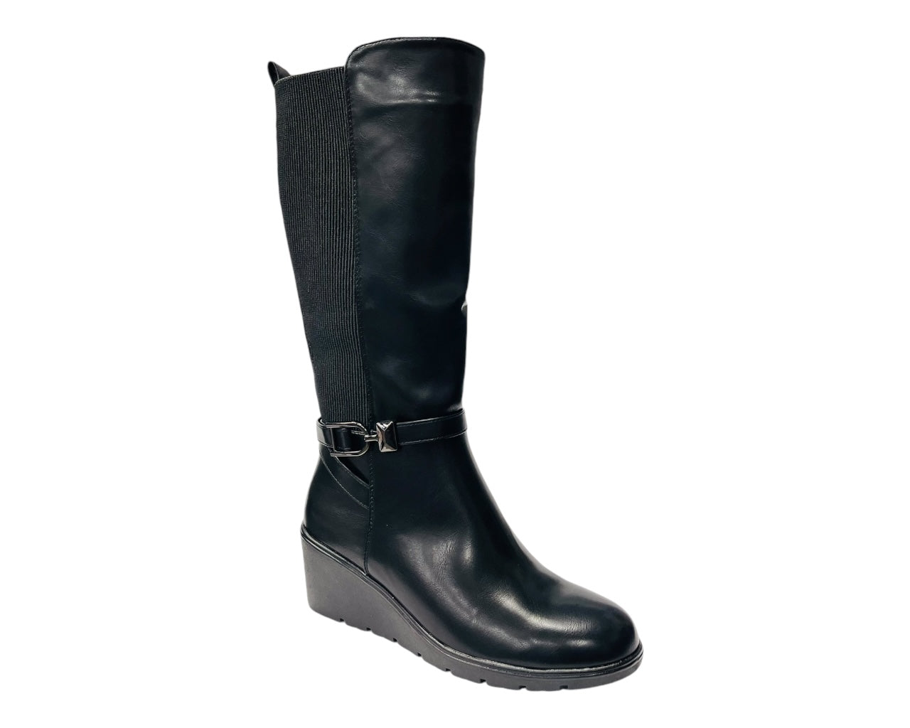 Faux Leather Calf High Stretch Wedge Heel Boots