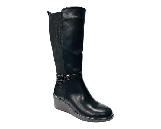 Faux Leather Calf High Stretch Wedge Heel Boots
